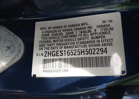 2005 Honda Civic Lx from USA, damaged, VIN 2HGES16525H502294